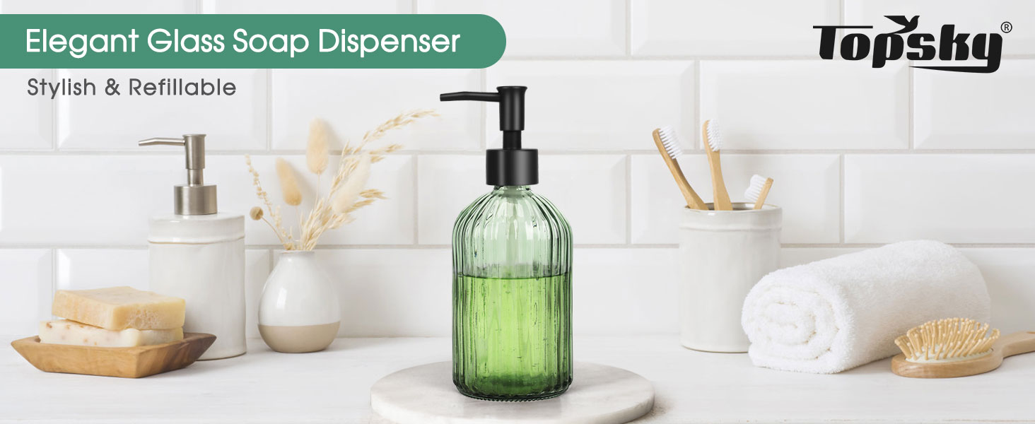 Скляні дозатори для мила Topsky (2 шт.), 400 мл, з чорною помпа, для кухні та ванної кімнати, ідеально для мила, лосьйонів та ефірних олій (оливковий зелений)