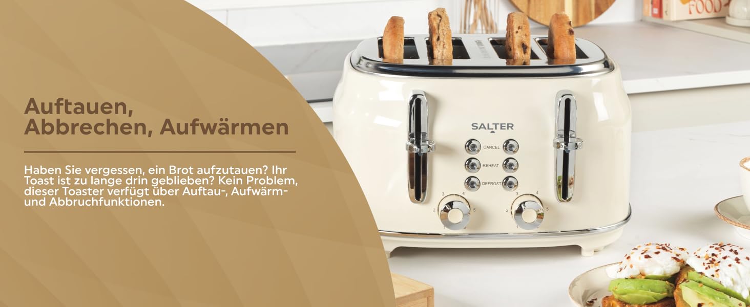 Тостер Salter Retro 4-х секційний, 1,7 л, 3 кВт, кремовий колір, з фільтром від накипу, бездротовий, з індикатором рівня води та процесу приготування, захист від пересихання та автовимкнення