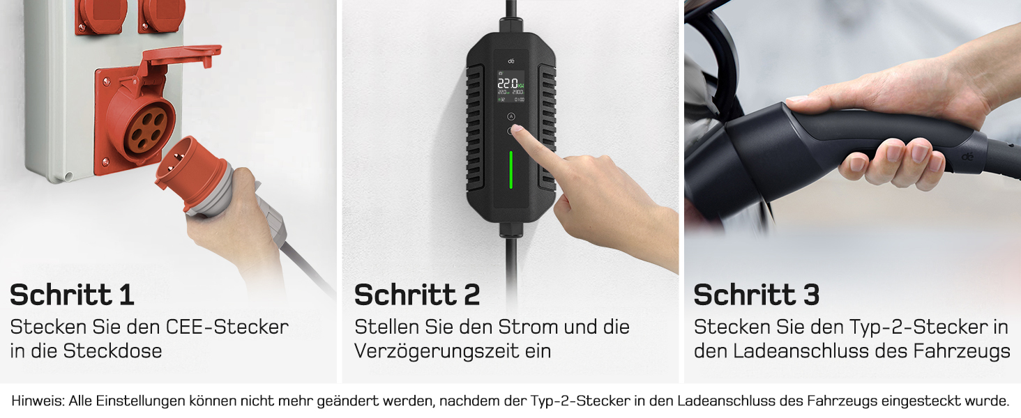 Мобільна зарядна станція/Wallbox Dé 11 кВт (3-фазна) з регульованою потужністю, кабель CEE 16A на Typ 2, сумісна з Model Y/3, ID.3/4/5, MG4, EX30, e-up, e-tron, Zoe та інші електромобілі