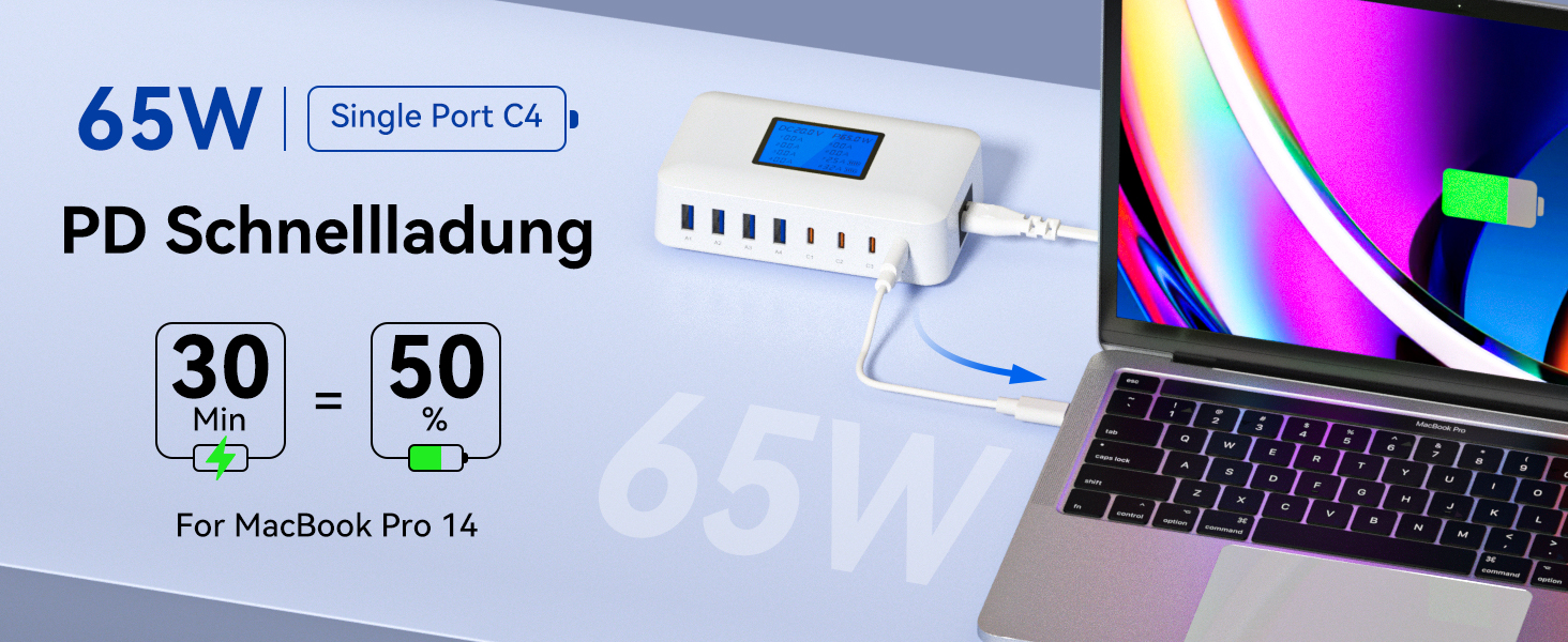 Зарядний пристрій USB-C 200W, 8 портів, LCD-дисплей, PD 65W для MacBook, iPad, iPhone 16/15/14/13 Pro/Max, Samsung S24/S23 - Чорний