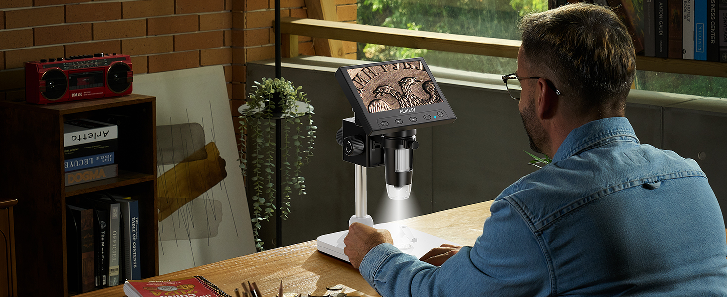 Цифровий мікроскоп Elikliv з LCD-дисплеєм для монет, 1000x, з 8 регульованими LED-підсвіткою, сумісний з PC (Windows/MacBook), EDM4, 4.3 дюйми