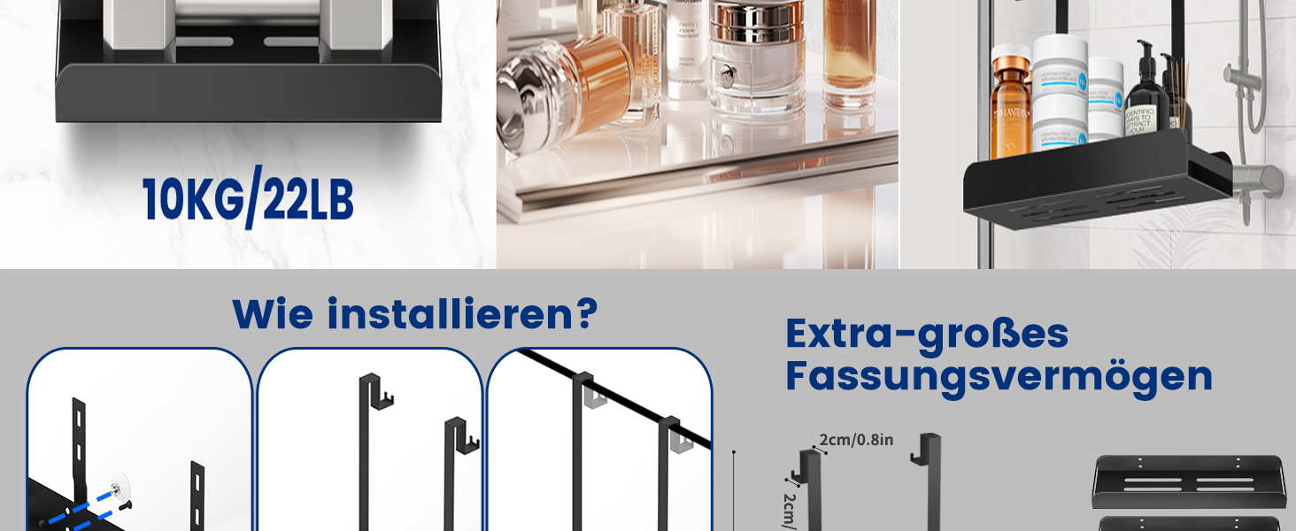 Настінна поличка для душу без свердління, чорна, з 4 гачками. Органайзер для шампуню та інших аксесуарів у ванну кімнату та кухню. Підходить для безрамкових скляних дверей.