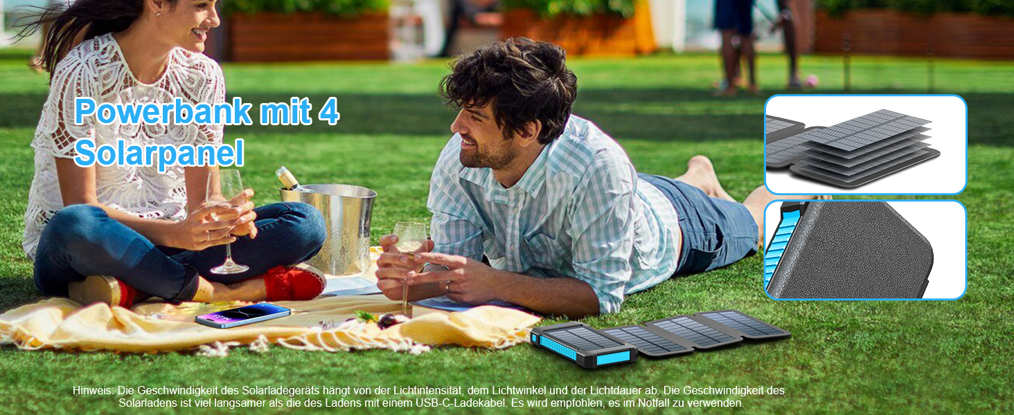 Портативний зарядний пристрій Solar Powerbank 26800 mAh з сонячною панеллю, USB-C, 18W, IPX7, водонепроникний, для iPhone, Samsung та інших, з ліхтариком (SOS, стробоскоп), блакитний