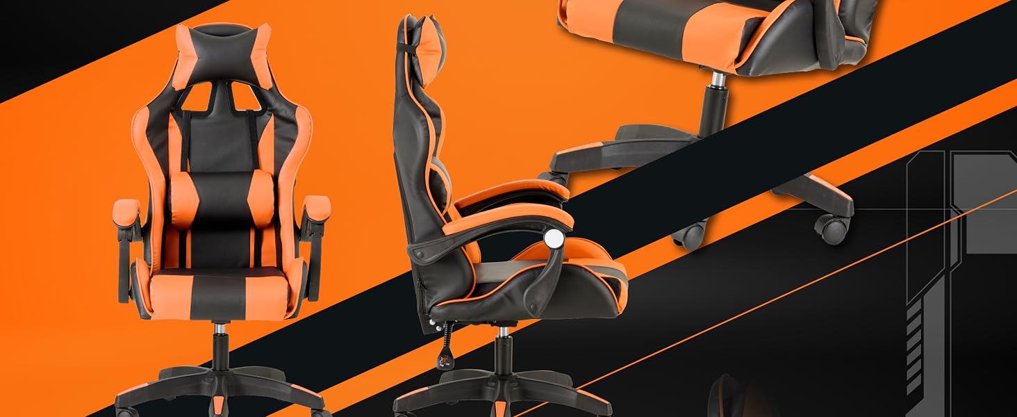 Ігрове крісло Baroni Home Gaming — ергономічний офісний стілець з підголівником, поперековою підтримкою та регульованою спинкою, помаранчевий