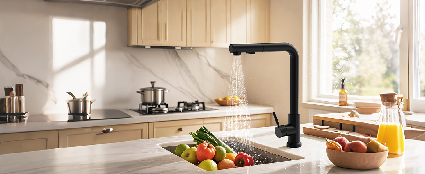 Змішувач кухонний водяний чорний, висувний з душем, 360° поворотний, 2 режими розпилення, для кухні, нержавіюча сталь