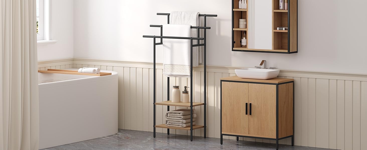 Стійка для рушників EUGAD з 3 полицями, чорна, з металу та ДСП, для рушників та одягу