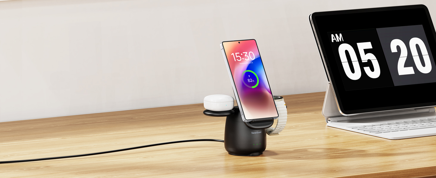 Бездротова зарядка SwanScout 3-в-1 для Samsung S25 Ultra, S24, S23, Z Flip 7, Z Fold 7, Galaxy Watch 8/Ultra/7/6/5/Buds, білий (чорний)