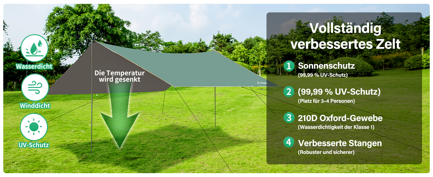 Тент для кемпінгу WADEO, 4x3 м, водовідштовхувальний, з кілочками та мотузками, ультралегкий, для відпочинку на природі, хакі (зелений)