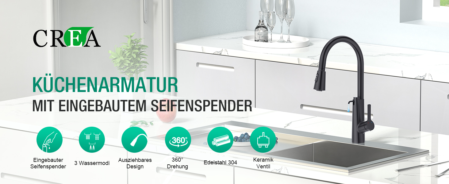 Кран кухонний CREA Wasserfall висувний з дозатором мила, нержавіюча сталь, 360° оберт, 4 режими, матовий чорний