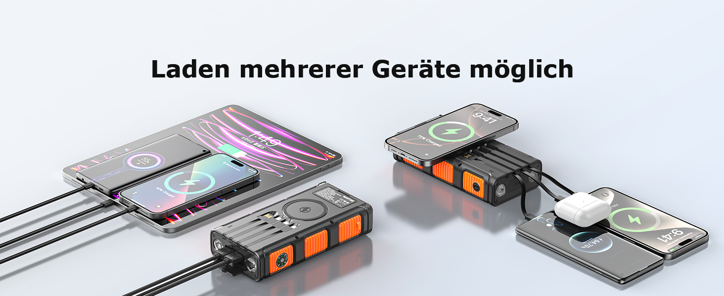 Повербанк сонячний Wireless 26800mAh з ручною зарядкою та 4 кабелями, Power Bank USB-C швидка зарядка, 7 портів, водонепроникний для кемпінгу, помаранчевий