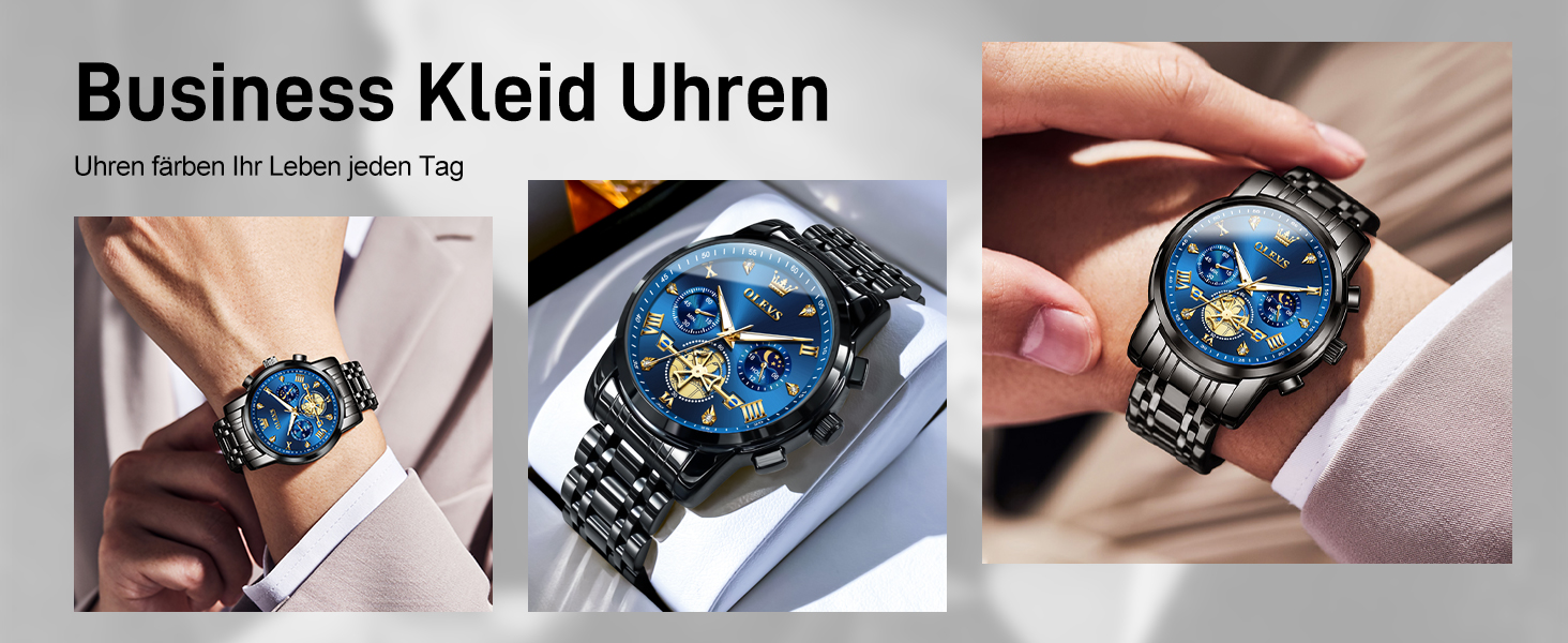 Годинник чоловічий OLEVS з металевим браслетом, кварцовий, з місячною фазою, хронограф, водостійкий, з нержавіючої сталі (2856 Blue / Black)