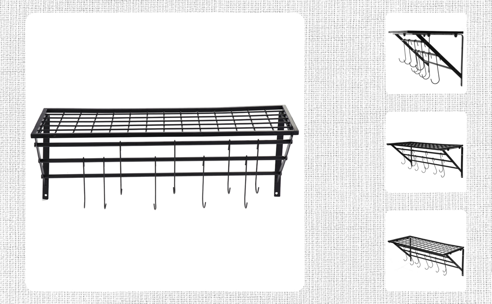 Ejoyous Kitchen Shelf Pan Shelf Kitchen Storage, Kitchen Wall Shelf Kitchen Wall Shelf Kitchen Holder Pan Holder with 10 S-shaped Hooks for Hallways Kitchen Bathrooms 60 x 25 x 25 cm