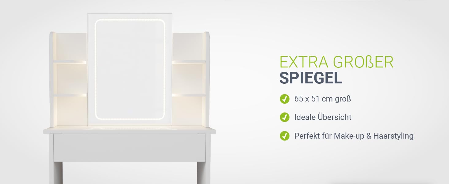 Туалетний столик Juskys Zoey з LED-підсвіткою, дзеркалом, шухлядою, 3 відділеннями та шафкою, 90x38x137 см, білий, дерев'яний косметичний стіл з LED-дзеркалом