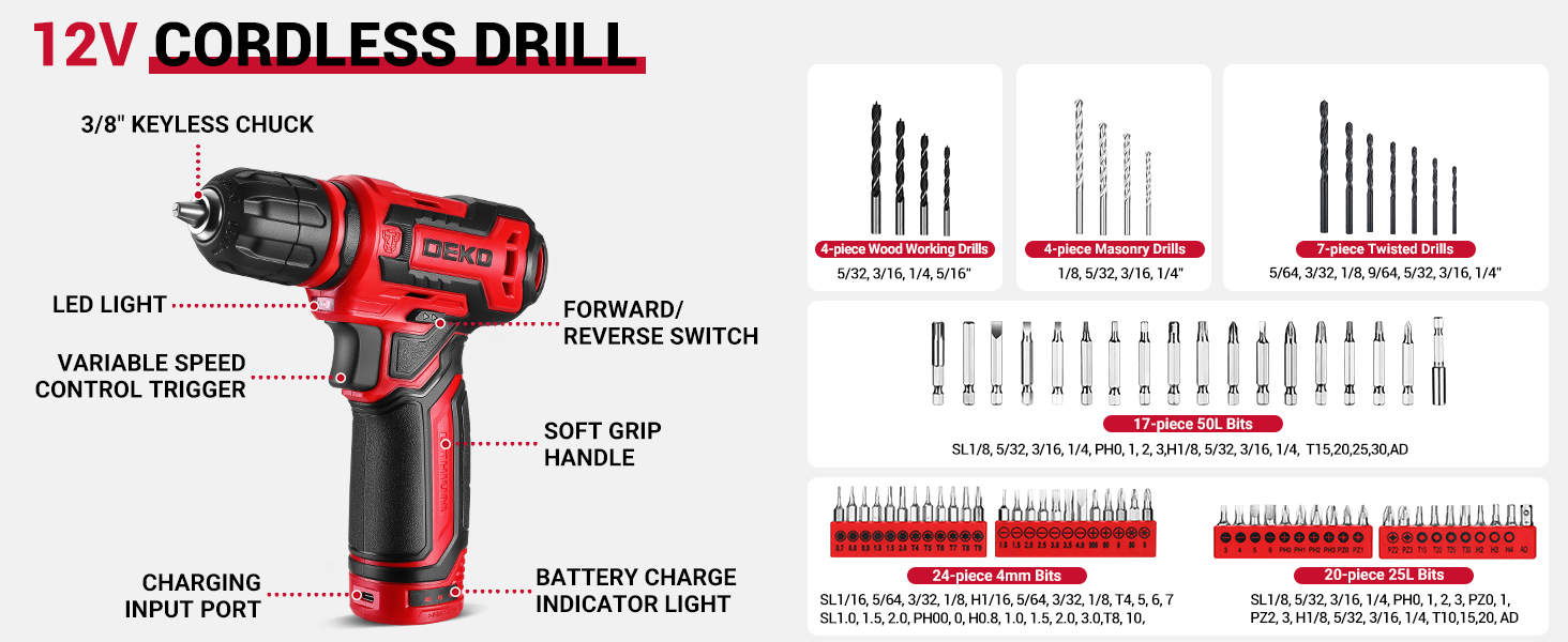 Акумуляторна дриль-шуруповерт DEKO 12V: набір інструментів 238 шт. з акумулятором для дому, ремонту та рукоділля (червоний)