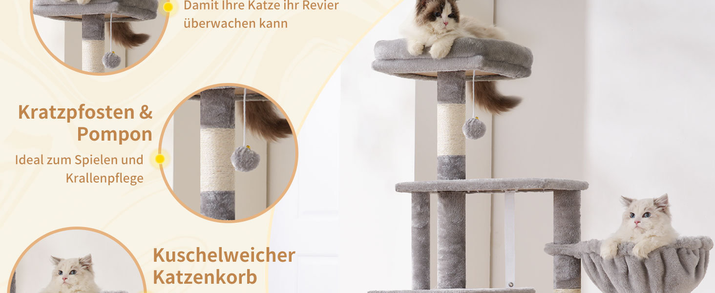 Котячий будиночок Heybly Kratzbaum HCT200SW: кігтеточка, будиночок, лежанка, 125 см, сірий