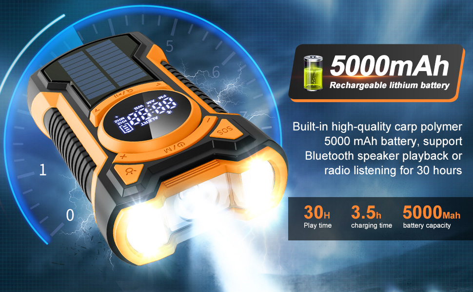 Радіо на сонячній батареї з ручкою, 5000mAh, Bluetooth, USB, FM/AM, SOS-сигнал, ліхтарик, IPX5, для кемпінгу та надзвичайних ситуацій