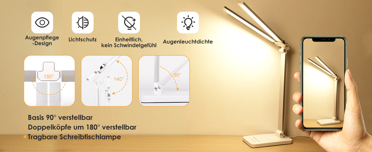 LED-лампа настільна з бездротовою зарядкою та годинником - настільна лампа з регулюванням яскравості, USB-порт, 3 режими, білий колір (Mt862-eu-white)