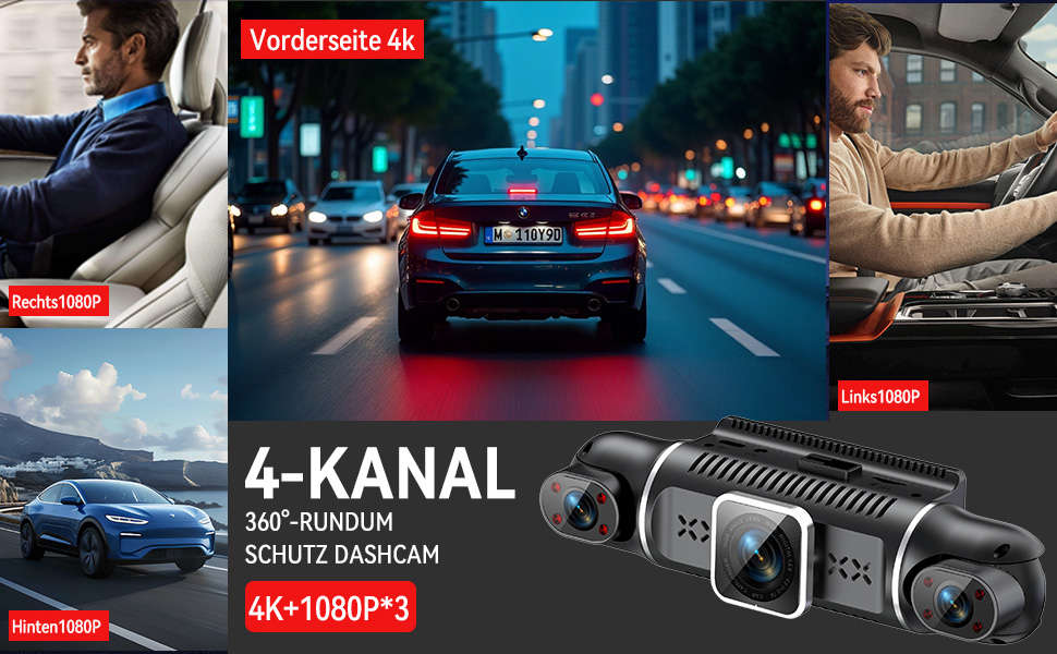 Автомобільний відеореєстратор 360° 4K+1080P (4 канали), передня та задня камери, WDR нічна зйомка, 64GB SD-карта, IPS дисплей 3