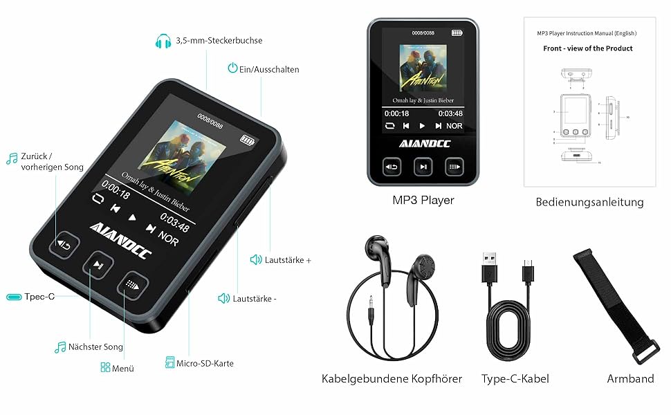 MP3-плеєр Bluetooth 5.3 зі спортивним кліпом та браслетом, 1.77
