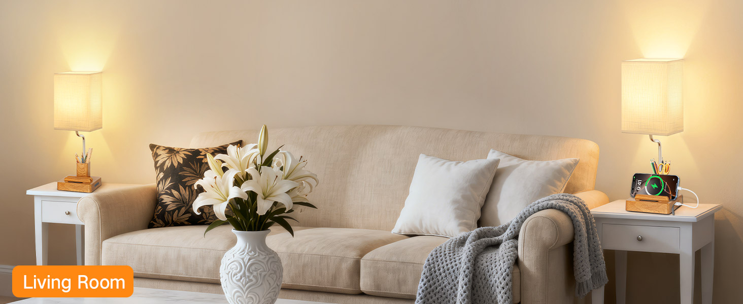 Настільна лампа світлодіодна OUTON 8000mAh бездротова з підставкою для ручок, акумуляторна, тканинний плафон, 3 режими світла, сенсорне керування, димування, індикатор заряду