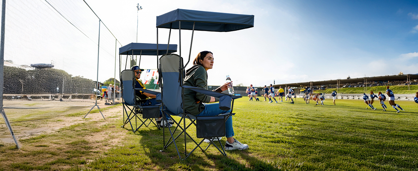 Кемпінговий стілець Overmont зі спадковим дахом, підсклянником та охолоджуючим кишенем - блакитно-сірий