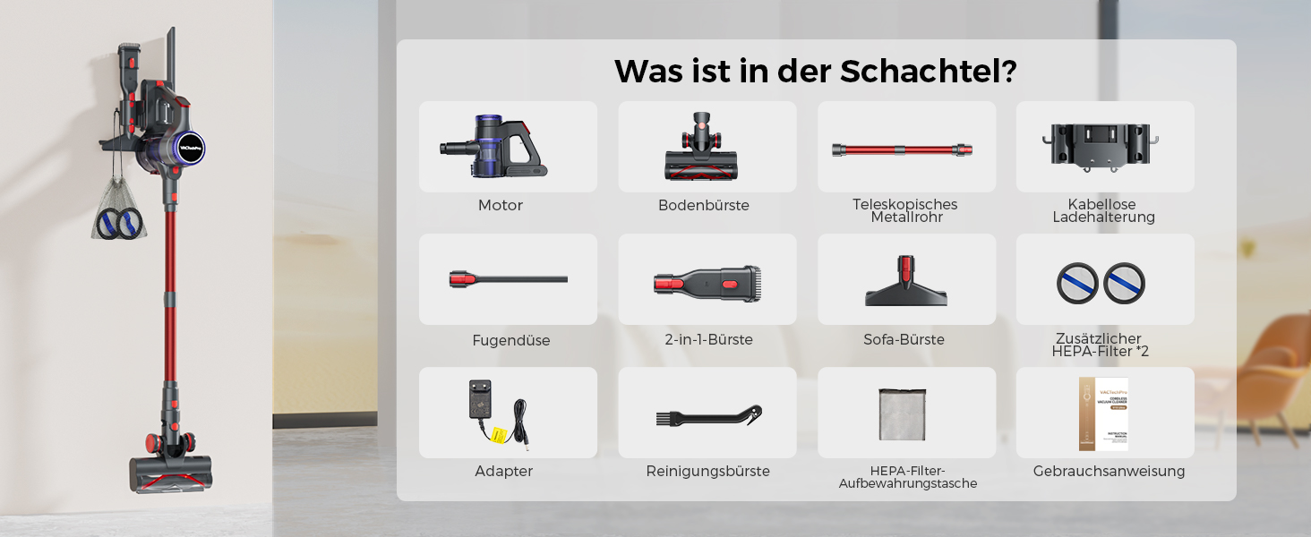 Бездротовий пилосос 48000Pa/550W з акумулятором, 70 хвилин роботи, об'єм 1.6л, 8-шарова фільтрація, тихий, з антизаплутуючим насадкою для твердих поверхонь, червоний, Rot 15 Ultra