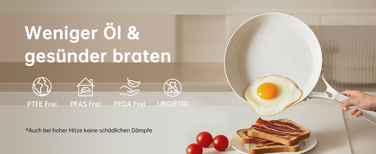 Набір сковорідок з керамічним антипригарним покриттям Tjean (без PTFE, PFOA, PFAS) з нержавіючою ручкою, підходить для індукційних, газових, електричних плит та духовки до 280°C (кремовий, 20+24+28 см)