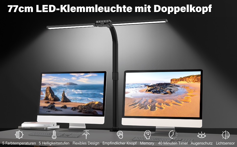 Лампа для столу Hapfish LED з кріпленням, 24W, подвійний настільний світильник, широке та яскраве освітлення, 5 режимів кольору та 5 рівнів регулювання яскравості, лампа денного світла для офісу, дому, дітей, з шийкою-лебедем