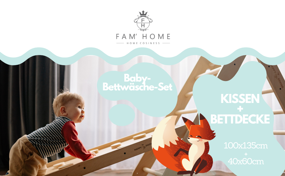 FAM' Home Baby Duvet and Pillow Set Cheeky Fox, Children's Duvet 100 x 135 and 40x60 cm Pillow | Oeko-Tex Standard 100 Certified | Anti-allergy Option | Suitable for 70x140 cm beds, 100 x 135 cm and 40x60 cm all-season duvet