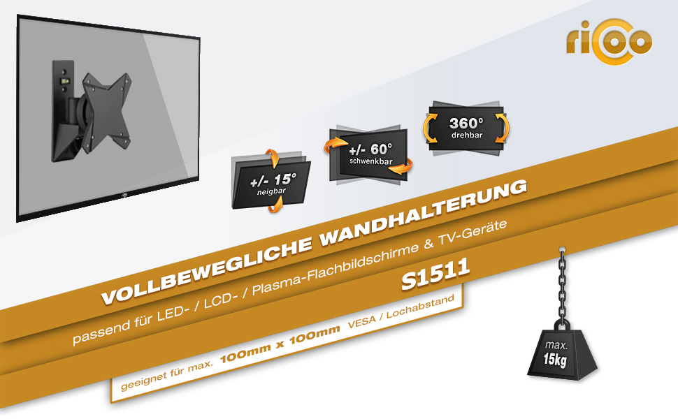 Настінне кріплення для монітора RICOO S1511 13-34 дюйми, поворотне, VESA 75x100 мм