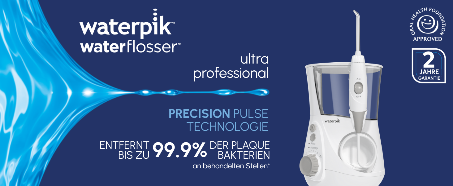 Waterpik Ultra Professional: Іригатор для порожнини рота, тестування 2024, технологія Precision Pulse, сертифікат TÜV, видалення нальоту до 99,9%, 6 насадок, 10 режимів, таймер, білий