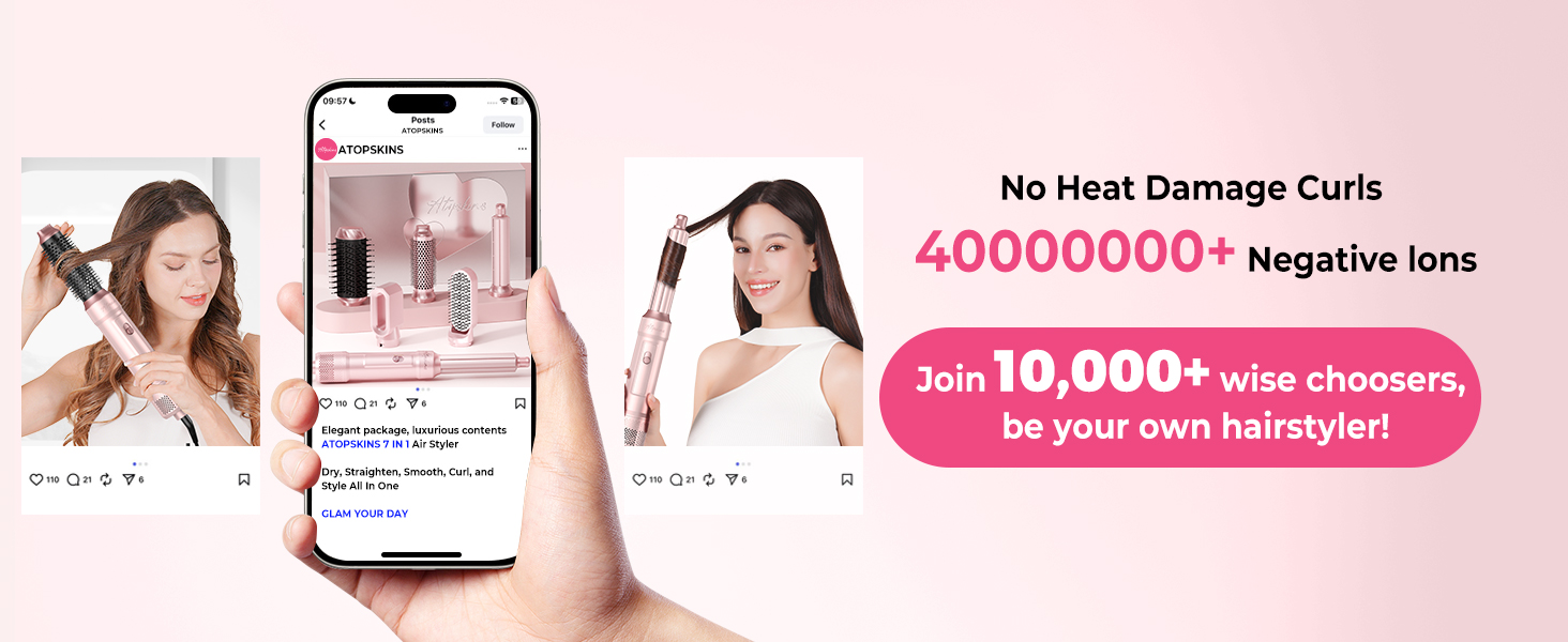 Набір для укладки волосся Atopskins 6 в 1: фен-щітка, локони, термощітка, 1000W, рожевий