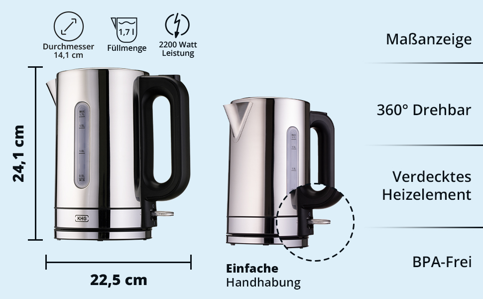 Електричний чайник KHG WK-1702 ES з нержавіючої сталі, 1,7 л, фільтр від накипу, індикатор рівня води, відкривання кнопкою, захист від сухого кипіння, автоматичне відключення, прихований нагрівальний елемент, BPA-free, 2200 Вт