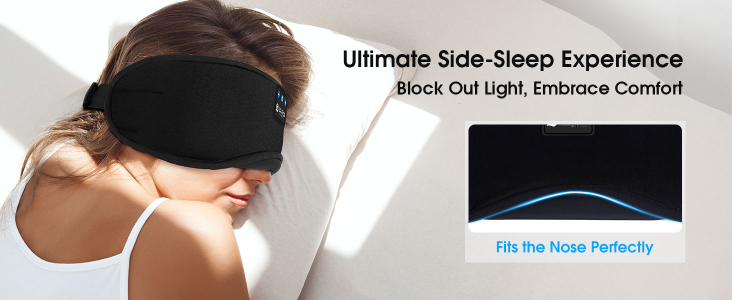 Маска для сну для тих, хто спить на боці, з Bluetooth навушниками. 100% непрозора маска для очей, ультрам'яка. Для подорожей, сну, йоги, медитації. Чорна. 1 шт.