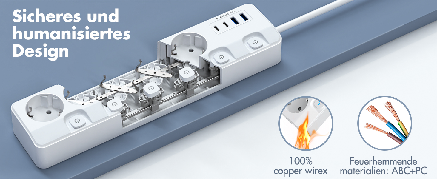 Многорозеткова смуга з 5 розеток та 4 USB-портами швидкої зарядки, KEPLUG, захист від перенапруги, індивідуальне вмикання/вимикання, плоский штекер, настінний монтаж, для офісу, кухні, столу, білий