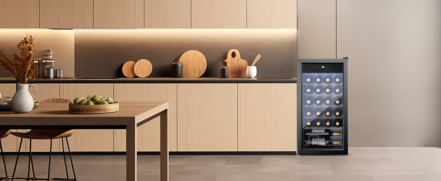 WIE 33 Liter Wine Fridge - 1 Zone Mini Wine Cooler with Glass Door & LED Touch Panel - Anti-UV Wine Storage for 28 Bottles