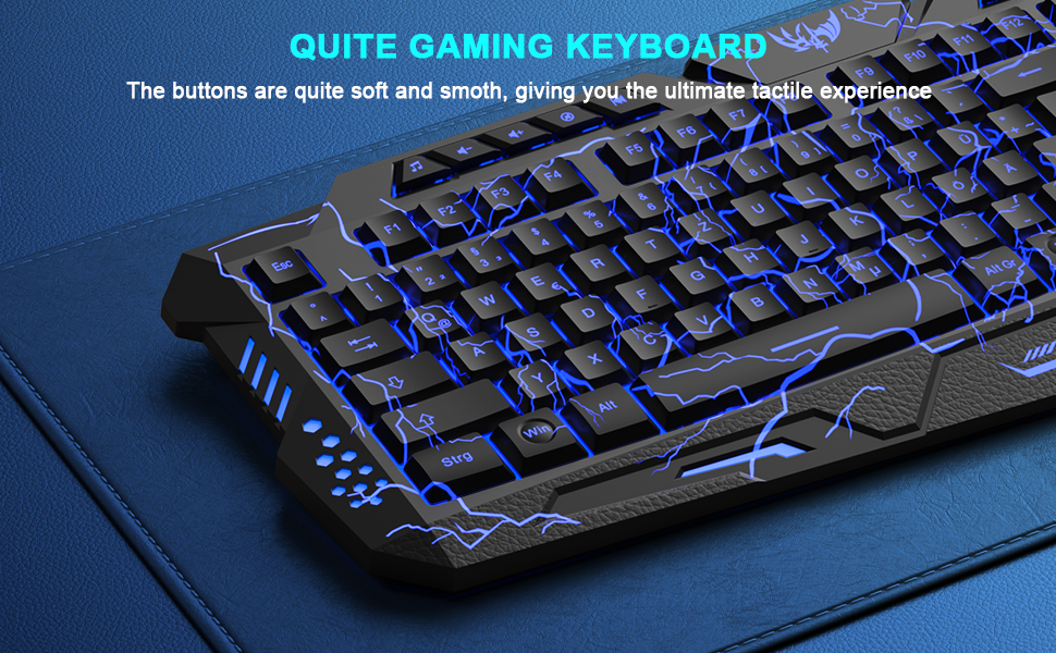 Ігровий набір клавіатури та миші: 114 клавіші QWERTZ DE, LED підсвічування, ергономічна миша з 4 кольорами, великий килимок, USB для PC/PS5/Xbox