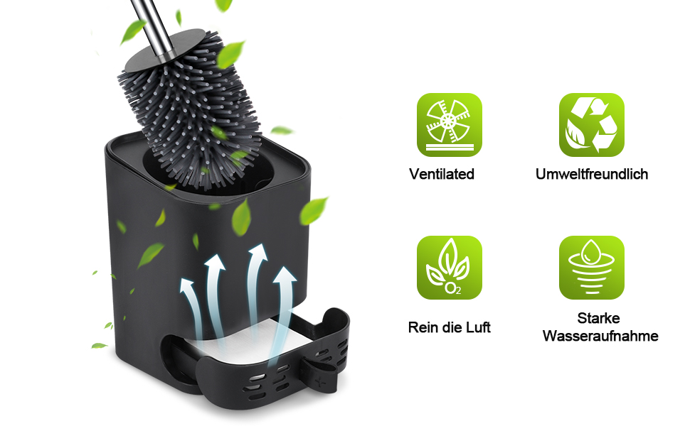 Силіконова щітка для унітазу Glowbal з контейнером, швидковисихаюча, для ванної кімнати, настінний монтаж/стоячий дизайн, білий/сірий (чорний/сірий)