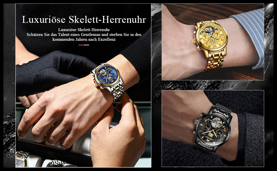 Чоловічий скелетон-годинник OLEVS 9910: кварцовий спортивний годинник з водовідштовхувальним корпусом, сталевий браслет (золото-срібло) та зелений циферблат