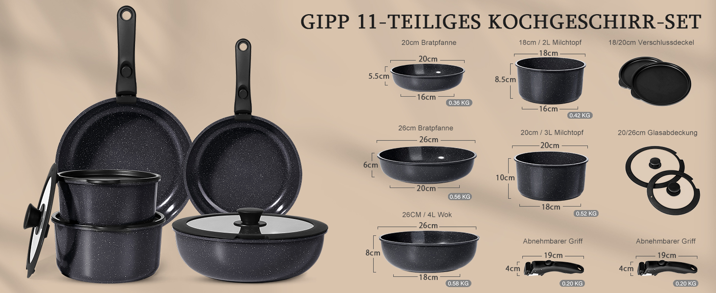 Набір сковорідок GiPP Keramik 3 шт. з знімними ручками, антипригарне покриття, для всіх типів плит, індукція, сумісний з духовкою, PTFE/PFOA/PFOS-free, чорний