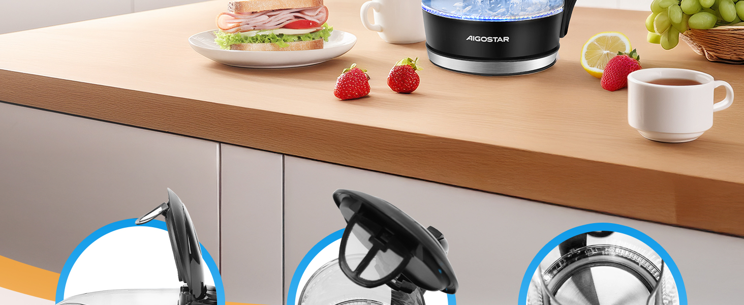 Електричний чайник Aigostar Adam 2 шт., 1.7 л, 2200 Вт, зі скляною колбою, LED-підсвічуванням, без BPA, з фільтром від накипу, чорний