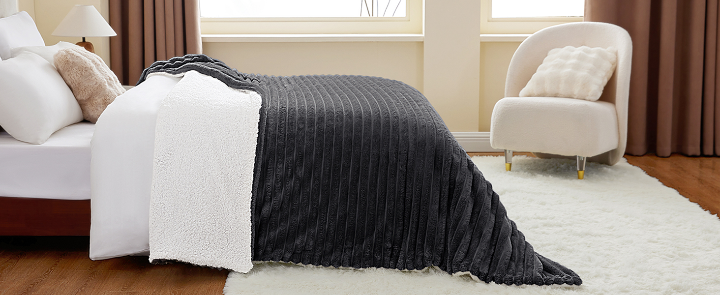 Плед WAVVE Sherpa з штучного хутра, сірий - теплий, м'який, великий (150x200 см)
