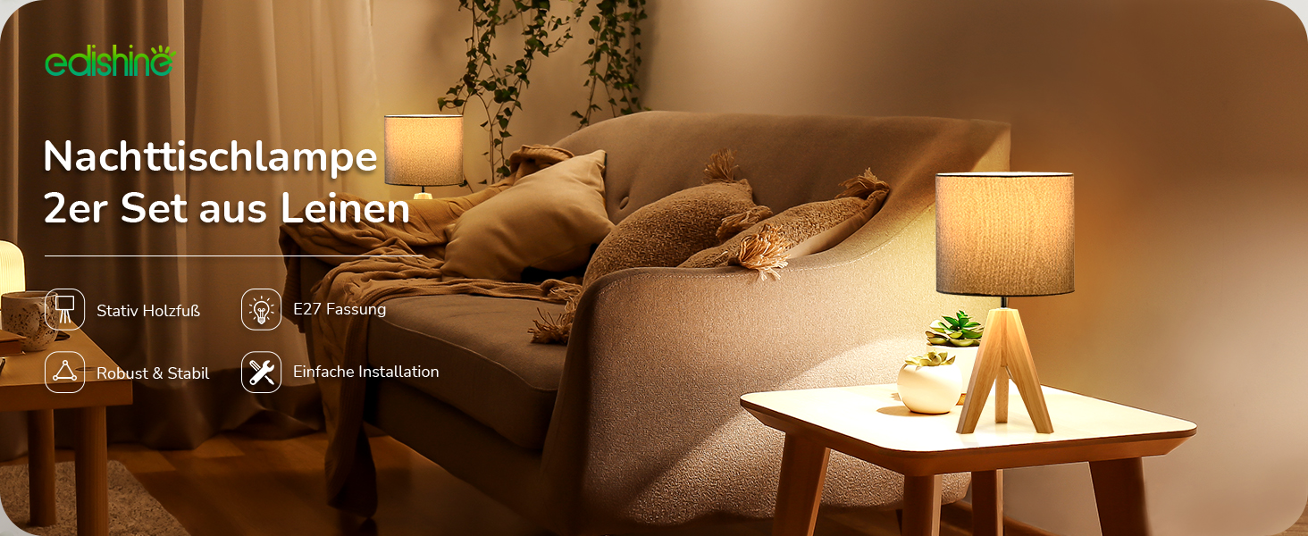 Торшер EDISHINE (2 шт.) з дерева, LED, бежевий абажур з льону, патрон E27, з лампою, вінтажний, для спальні, вітальні, подарунок (сірий)