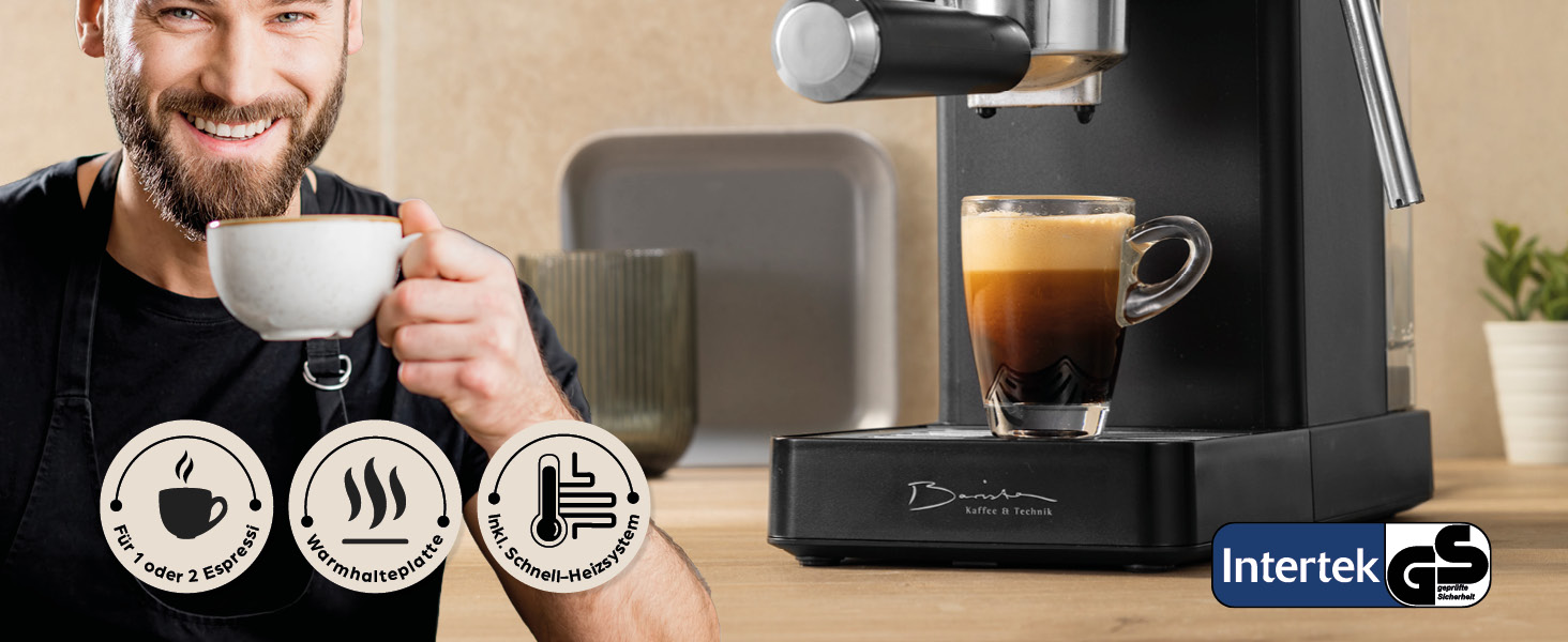 Еспресо-машина Barista Siebträger Slim: нержавіюча сталь, 20-барна помпу, термоблок, об'єм 800 мл, підігрів чашок