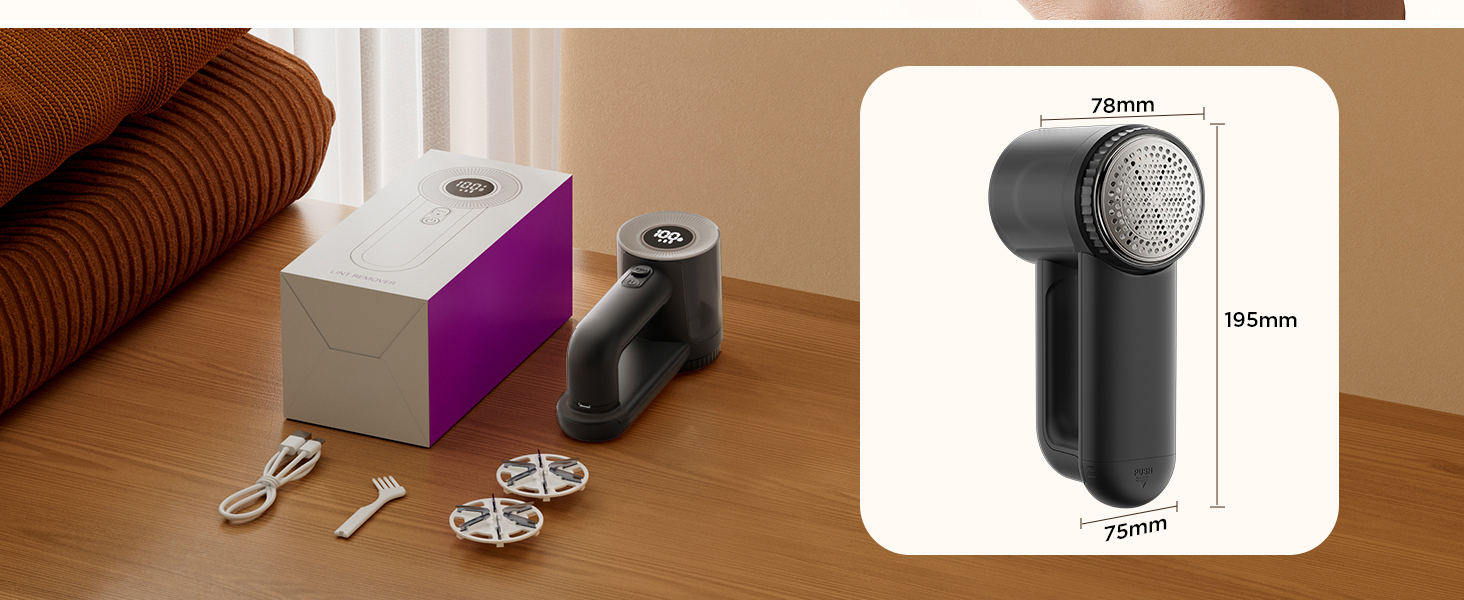 Електричний видальник ворсу 2-в-1 з трьома швидкостями для всіх тканин, з цифровим дисплеєм, 3 леза, USB-C кабель (білий/чорний)