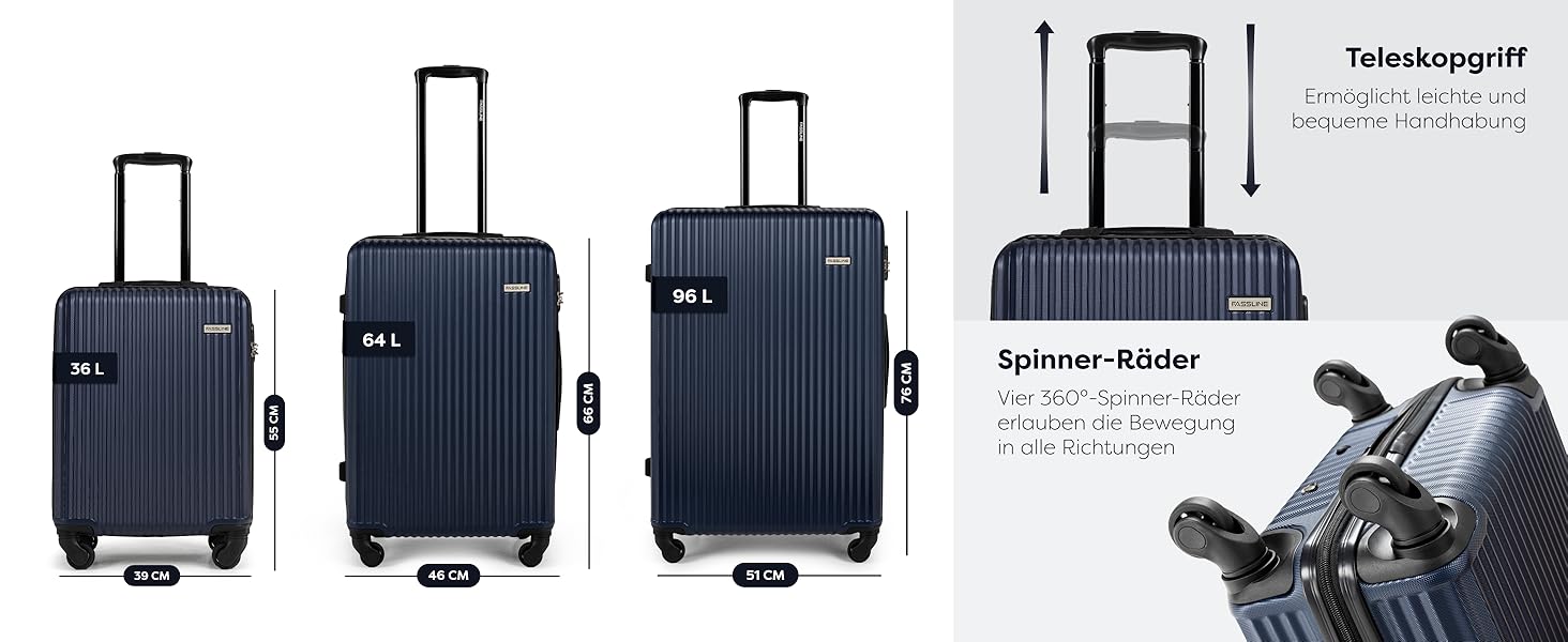 Набір валіз 3 шт: ручна поклажа, середній та великий кофр, ABS, 360° колеса, кодовий замок, телескопічна ручка (Дарк Блю)