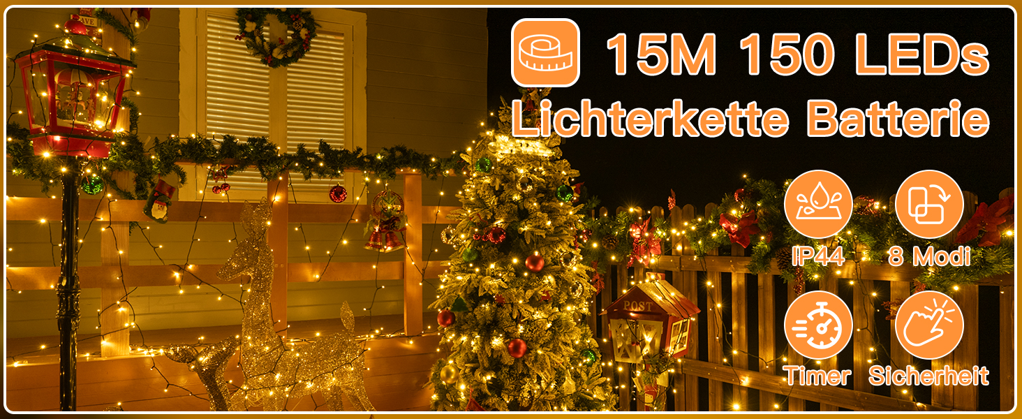 Ланцюжок прикрас Ollny з 150 LED, 15 м, тепле біле світло, IP44, для саду, вечірки, Нового року (зелений кабель)