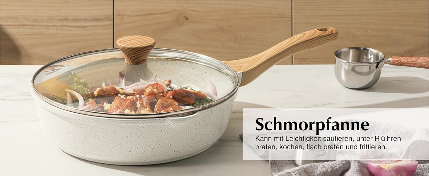 Набір посуду SENSARTE з антипригарним покриттям Ceramic, 13 предметів: каструлі та сковороди. Безпечний набір посуду з нержавіючої сталі з Cool-Touch ручками, силіконовими інструментами та захистом для дна. Без PFOA/PTFE/PFAS. Білий.
