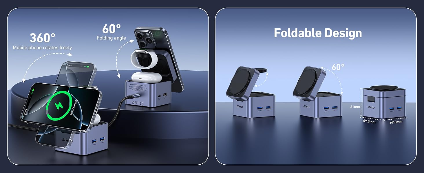 BENFEI 3-в-1 Станція зарядки MagSafe з USB-C хабом – для iPhone 16/15/14/13/12, Apple Watch та AirPods. HDMI (4K@60Hz), 100W PD, 2x USB 3.0 (5Gbps)