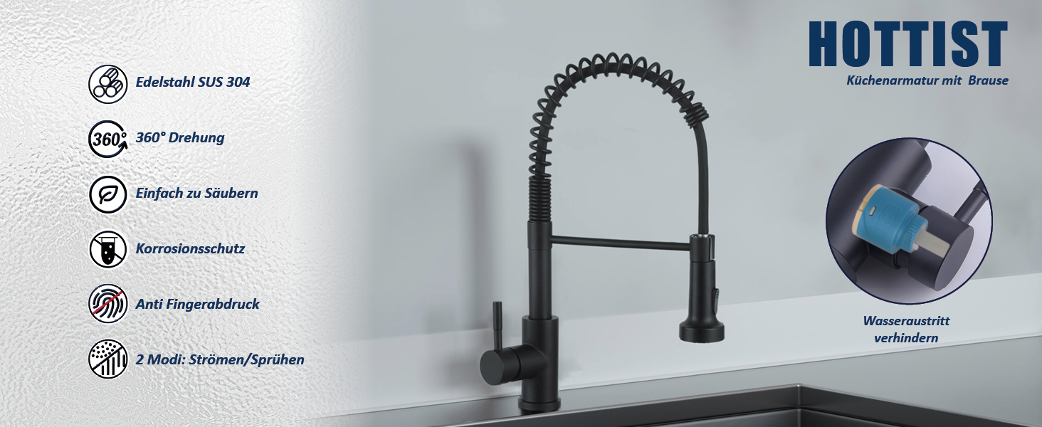 Чорний кухонний змішувач з висувною лійкою, високий поворотний вигин, 360° оберт, 2 режими розпилення, шланговий вилив, нержавіюча сталь, матовий чорний